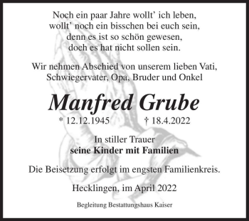 Traueranzeige von Manfred Grube  von Magdeburger Volksstimme