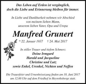 Traueranzeige von Manfred Grunert  von Magdeburger Volksstimme