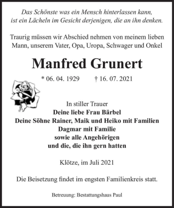 Traueranzeige von Manfred Grunert  von Magdeburger Volksstimme