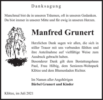 Traueranzeige von Manfred Grunert  von Magdeburger Volksstimme