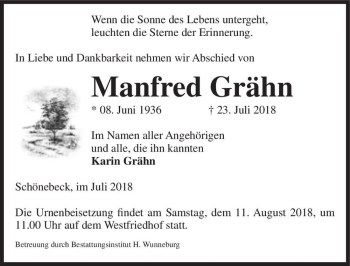 Traueranzeige von Manfred Grähn  von Magdeburger Volksstimme