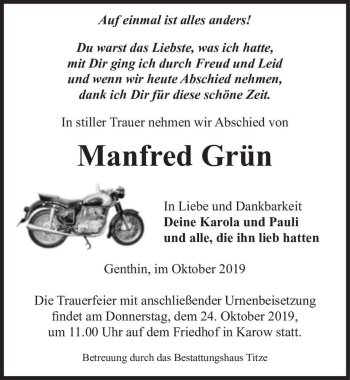 Traueranzeige von Manfred Grün  von Magdeburger Volksstimme