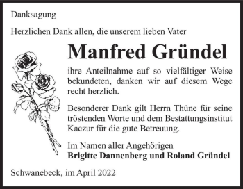 Traueranzeige von Manfred Gründel  von Magdeburger Volksstimme