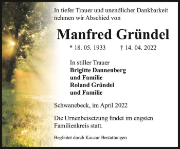 Traueranzeige von Manfred Gründel  von Magdeburger Volksstimme