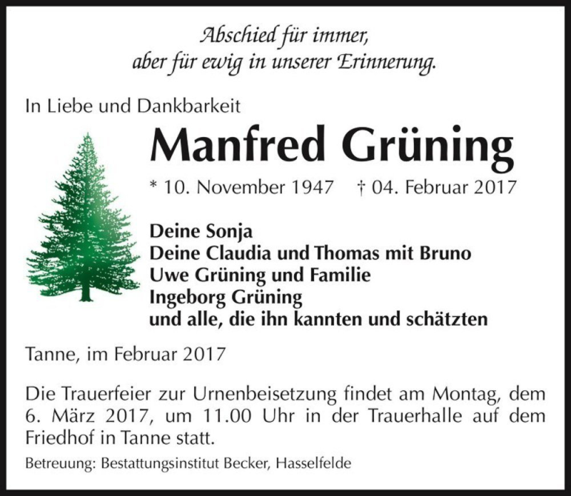  Traueranzeige für Manfred Grüning  vom 25.02.2017 aus Magdeburger Volksstimme