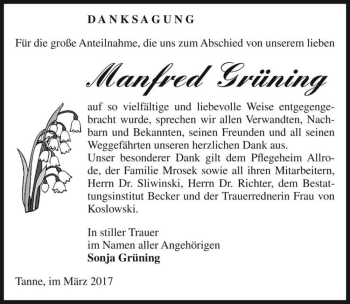 Traueranzeige von Manfred Grüning  von Magdeburger Volksstimme