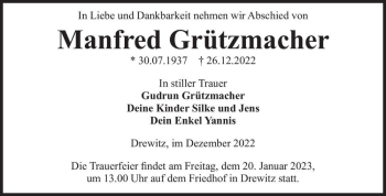 Traueranzeige von Manfred Grützmacher  von Magdeburger Volksstimme