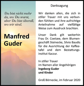 Traueranzeige von Manfred Guder  von Magdeburger Volksstimme