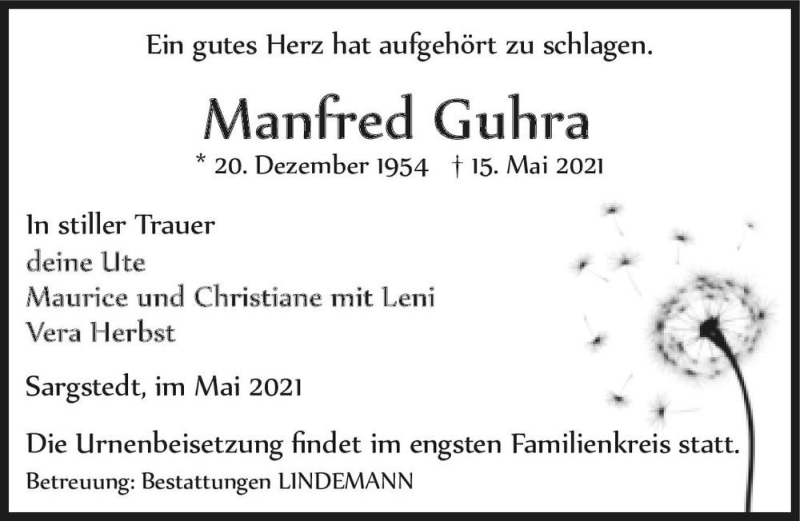  Traueranzeige für Manfred Guhra  vom 22.05.2021 aus Magdeburger Volksstimme
