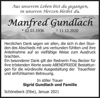 Traueranzeige von Manfred Gundlach  von Magdeburger Volksstimme