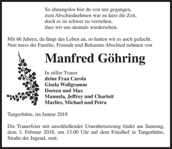 Traueranzeige von Manfred Göhring  von Magdeburger Volksstimme