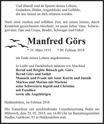 Traueranzeige von Manfred Görs  von Magdeburger Volksstimme