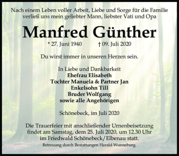 Traueranzeige von Manfred Günther  von Magdeburger Volksstimme