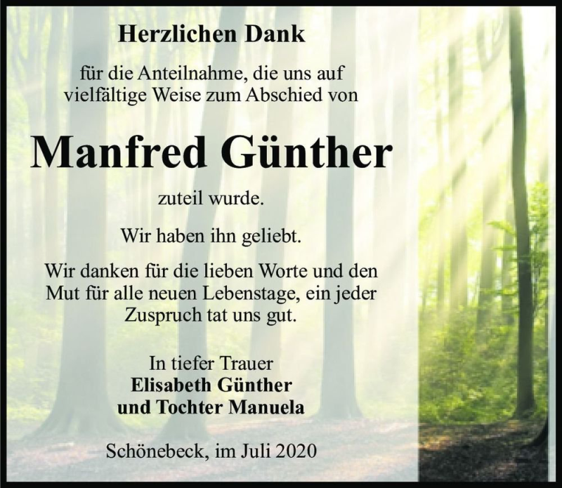  Traueranzeige für Manfred Günther  vom 01.08.2020 aus Magdeburger Volksstimme