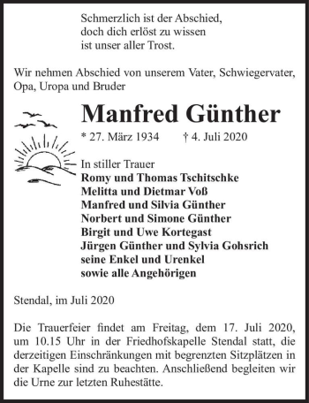 Traueranzeige von Manfred Günther  von Magdeburger Volksstimme