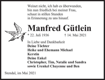 Traueranzeige von Manfred Gütlein  von Magdeburger Volksstimme