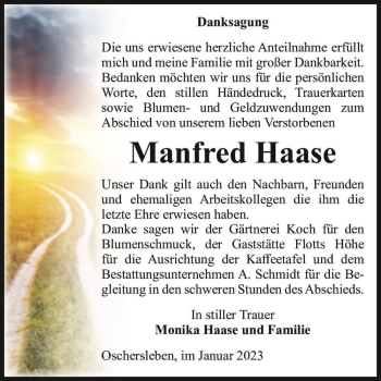 Traueranzeige von Manfred Haase  von Magdeburger Volksstimme