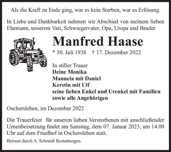 Traueranzeige von Manfred Haase  von Magdeburger Volksstimme