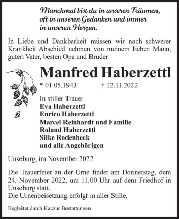 Traueranzeige von Manfred Haberzettl  von Magdeburger Volksstimme