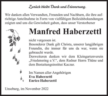 Traueranzeige von Manfred Haberzettl  von Magdeburger Volksstimme