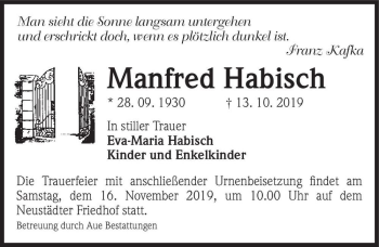 Traueranzeige von Manfred Habisch  von Magdeburger Volksstimme