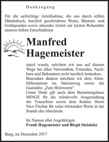 Traueranzeige von Manfred Hagemeister  von Magdeburger Volksstimme