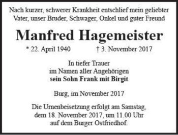 Traueranzeige von Manfred Hagemeister  von Magdeburger Volksstimme