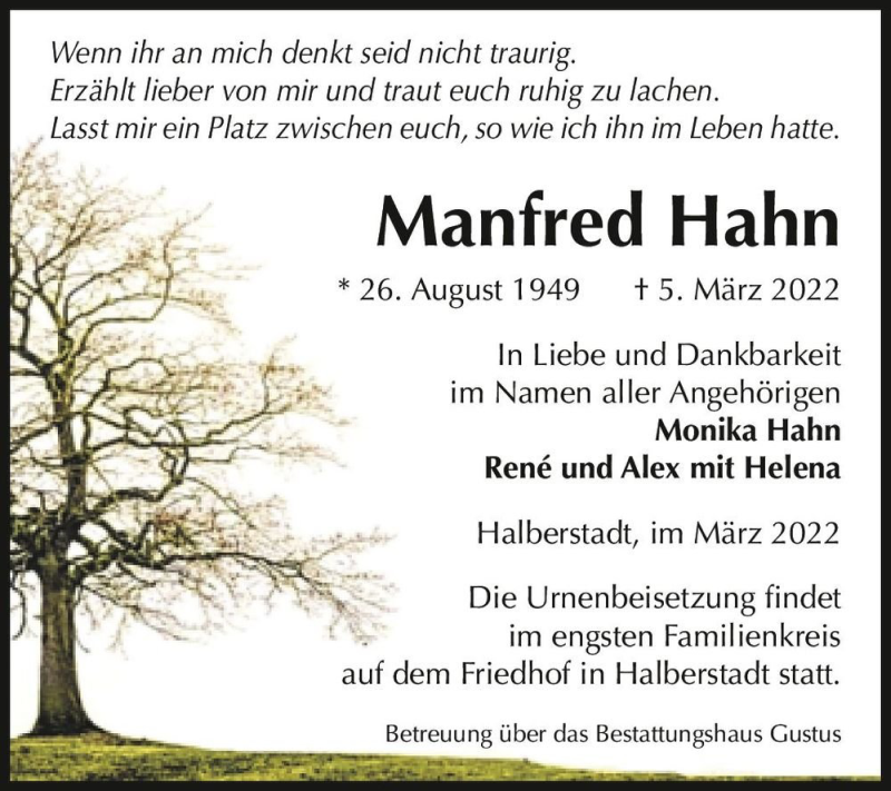  Traueranzeige für Manfred Hahn  vom 12.03.2022 aus Magdeburger Volksstimme