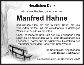 Traueranzeige von Manfred Hahne  von Magdeburger Volksstimme