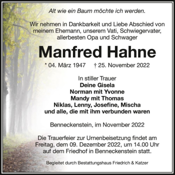 Traueranzeige von Manfred Hahne  von Magdeburger Volksstimme