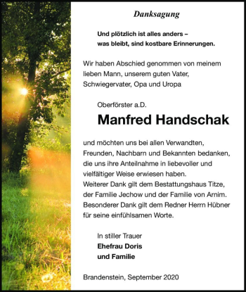 Traueranzeige von Manfred Handschak  von Magdeburger Volksstimme