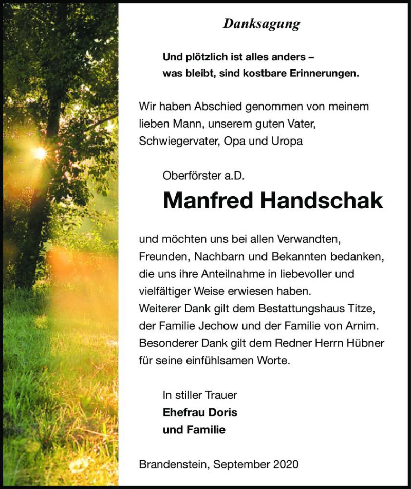  Traueranzeige für Manfred Handschak  vom 05.09.2020 aus Magdeburger Volksstimme