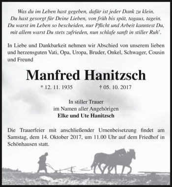 Traueranzeige von Manfred Hanitzsch  von Magdeburger Volksstimme