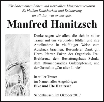 Traueranzeige von Manfred Hanitzsch  von Magdeburger Volksstimme