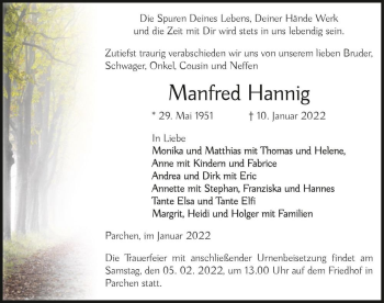 Traueranzeige von Manfred Hannig  von Magdeburger Volksstimme
