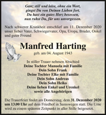 Traueranzeige von Manfred Harting  von Magdeburger Volksstimme