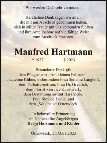 Traueranzeige von Manfred Hartmann  von Magdeburger Volksstimme