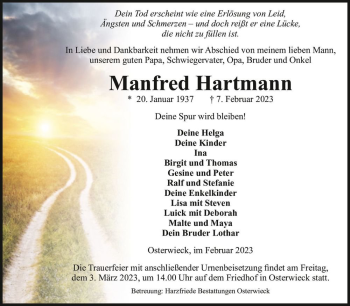 Traueranzeige von Manfred Hartmann  von Magdeburger Volksstimme