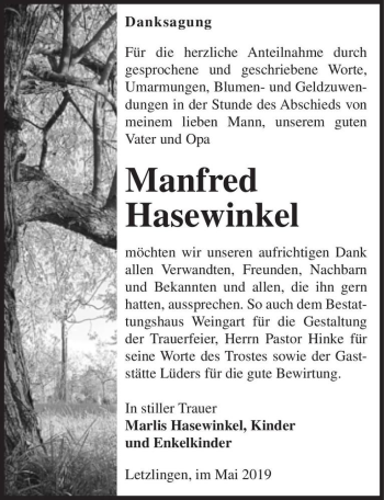 Traueranzeige von Manfred Hasewinkel  von Magdeburger Volksstimme