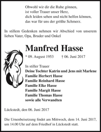 Traueranzeige von Manfred Hasse  von Magdeburger Volksstimme