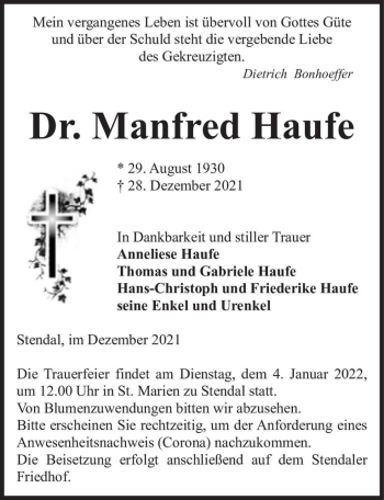 Traueranzeige von Manfred Haufe  von Magdeburger Volksstimme