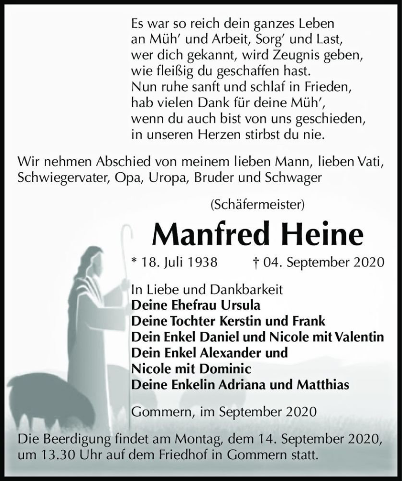  Traueranzeige für Manfred Heine  vom 09.09.2020 aus Magdeburger Volksstimme