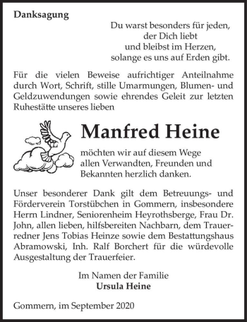 Traueranzeige von Manfred Heine  von Magdeburger Volksstimme