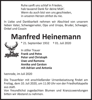 Traueranzeige von Manfred Heinemann  von Magdeburger Volksstimme