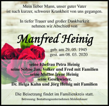Traueranzeige von Manfred Heinig  von Magdeburger Volksstimme