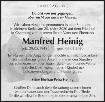 Traueranzeige von Manfred Heinig  von Magdeburger Volksstimme