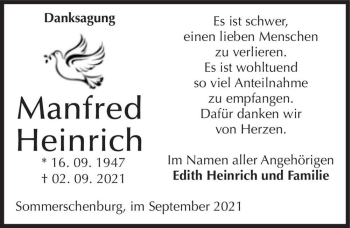 Traueranzeige von Manfred Heinrich  von Magdeburger Volksstimme