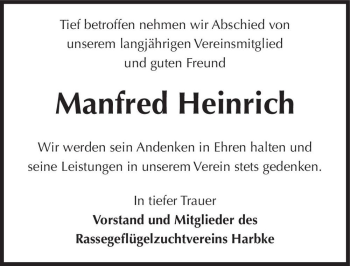 Traueranzeige von Manfred Heinrich  von Magdeburger Volksstimme