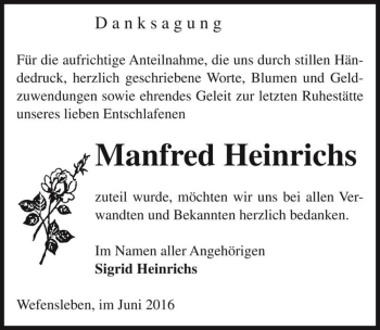 Traueranzeige von Manfred Heinrichs  von Magdeburger Volksstimme