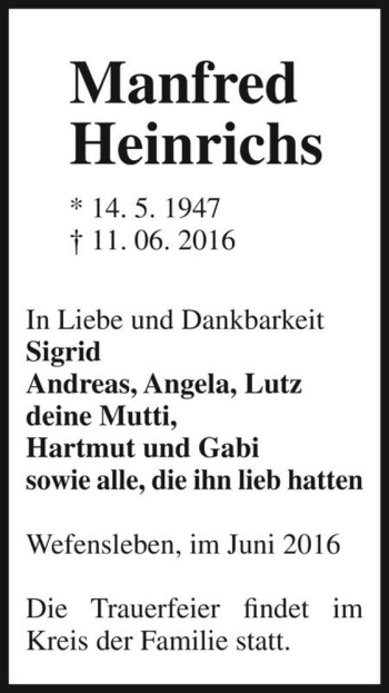 Traueranzeige von Manfred Heinrichs  von Magdeburger Volksstimme